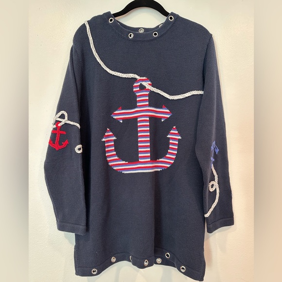 Quacker Factory Navy Blue Americana Anchor Crew Neck Sweater Size Medium - Picture 1 of 14
